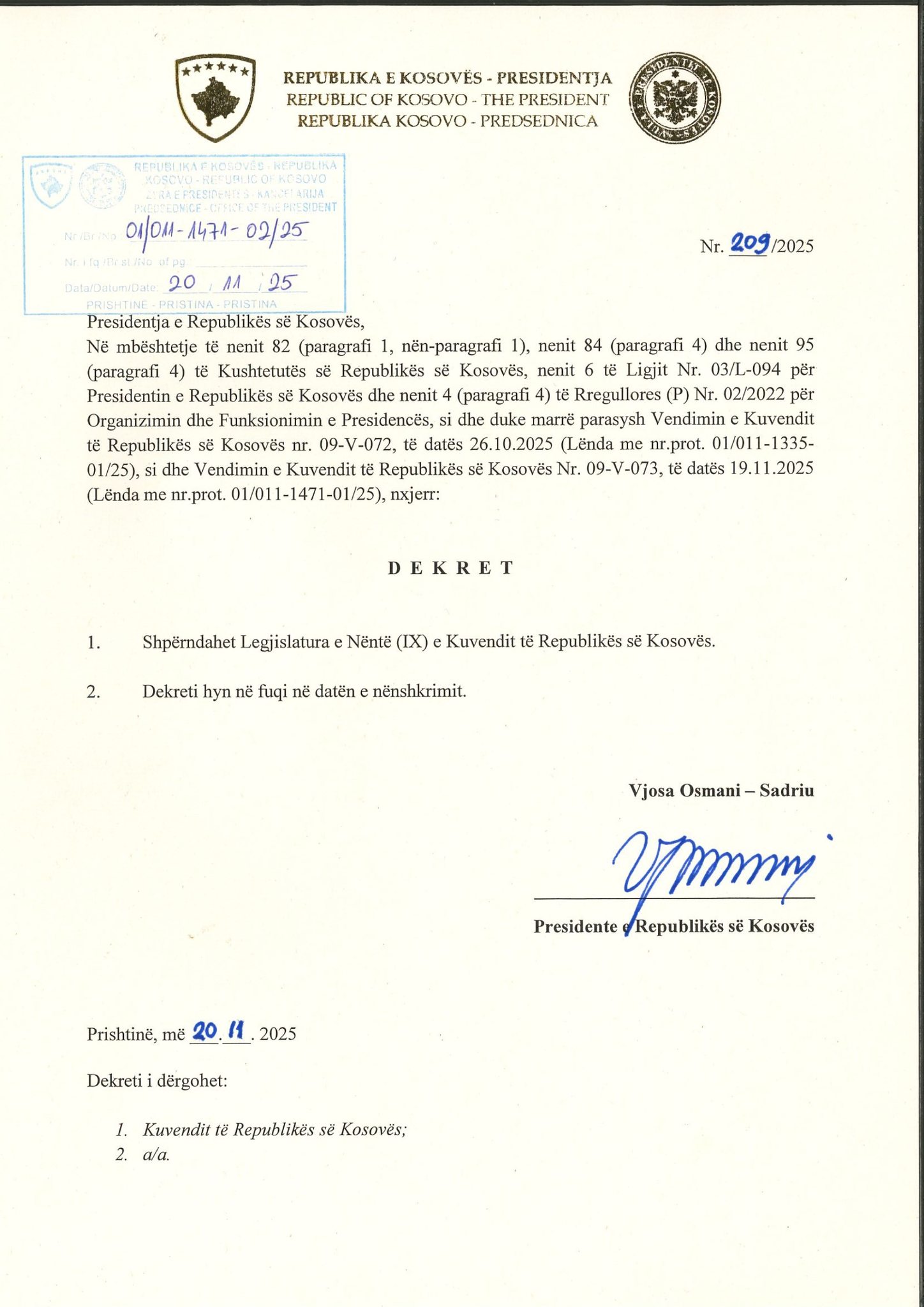 Zyrtare  Dekreti i Osmanit për shpërndarjen e Kuvendit