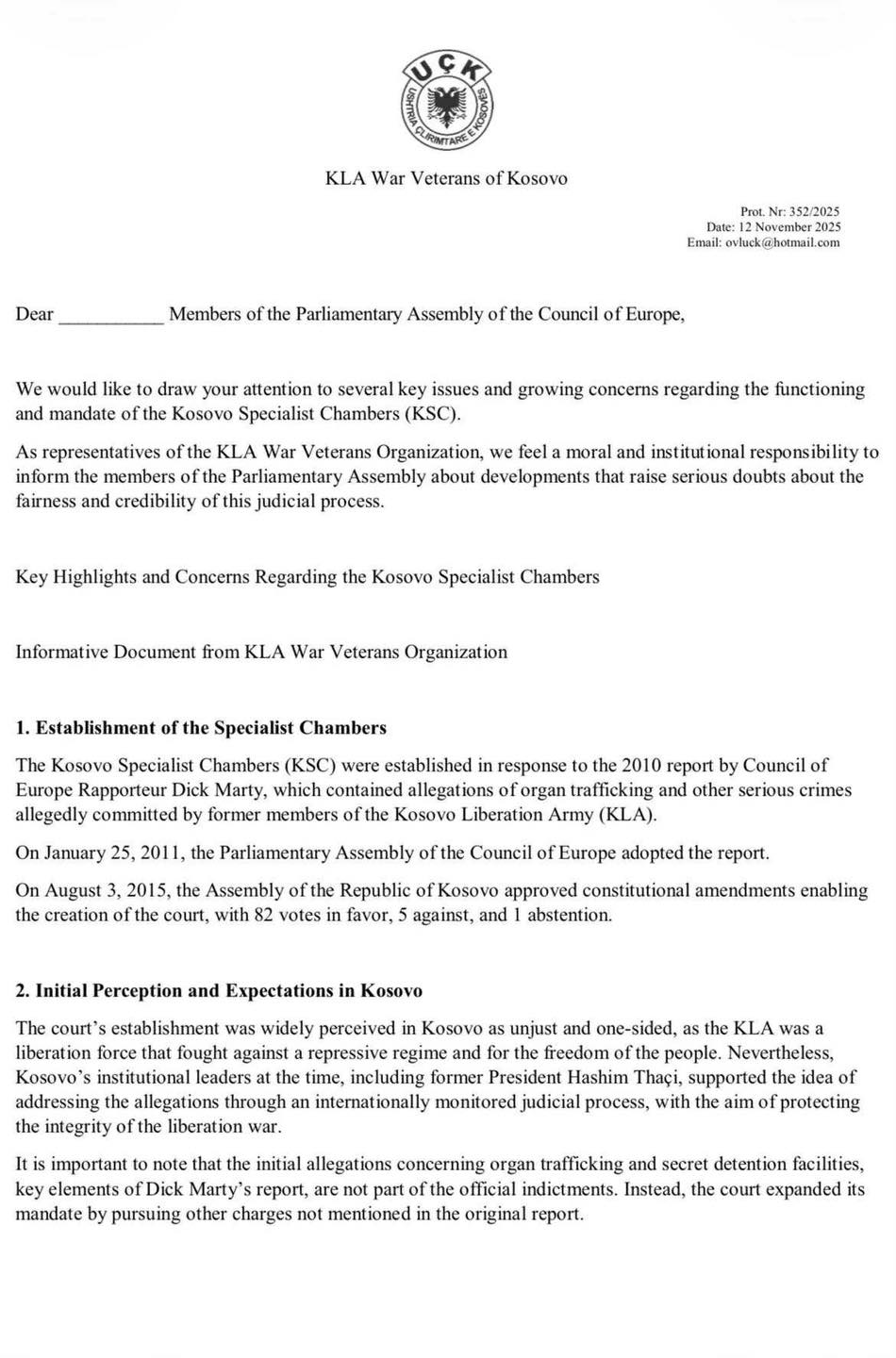 Publikohet letra e dërguar 285 anëtarëve të Asamblesë së KiE së për procesin e gjyqit ndaj ish krerëve të UÇK së