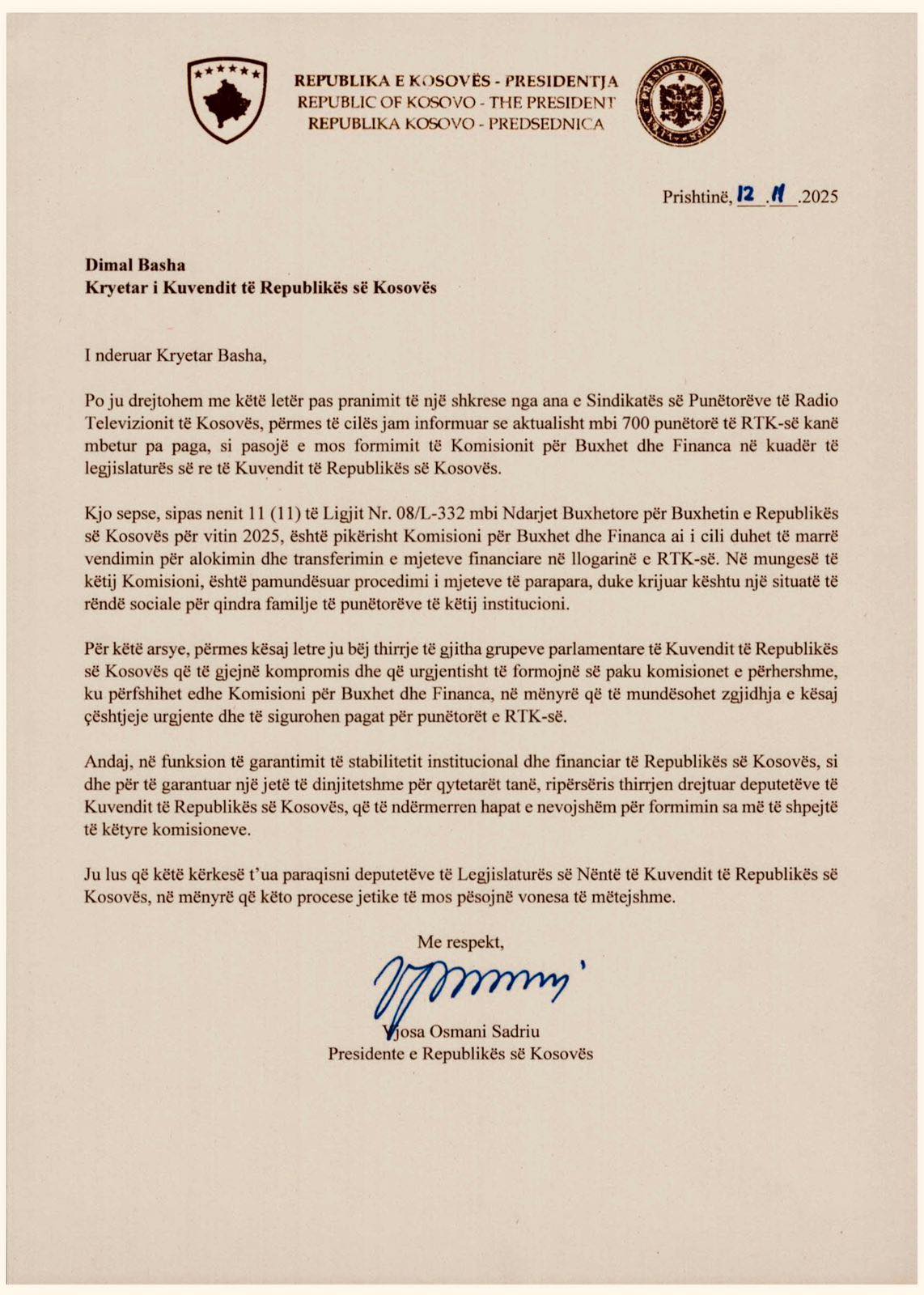 Mbi 700 punëtorë të RTK së pa paga  Osmani i drejtohet kryetarit Basha