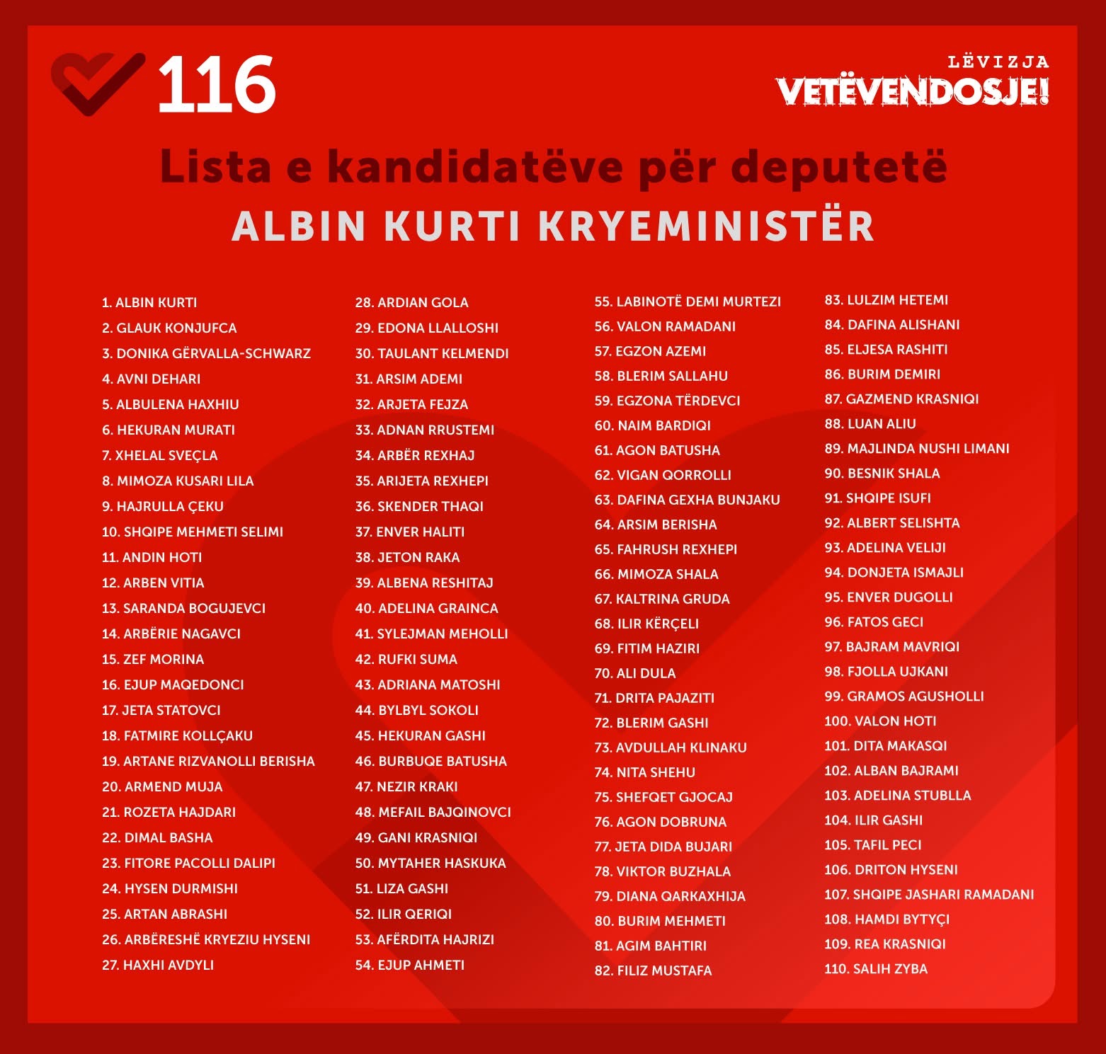 Këta janë 110 kandidatët për deputet nga VV