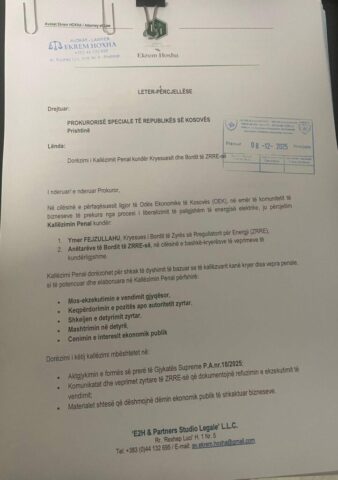 OEK dorëzon kallëzimin penal ndaj ZRrE së për dëmtim të bizneseve  Cenuan interesin ekonomik 