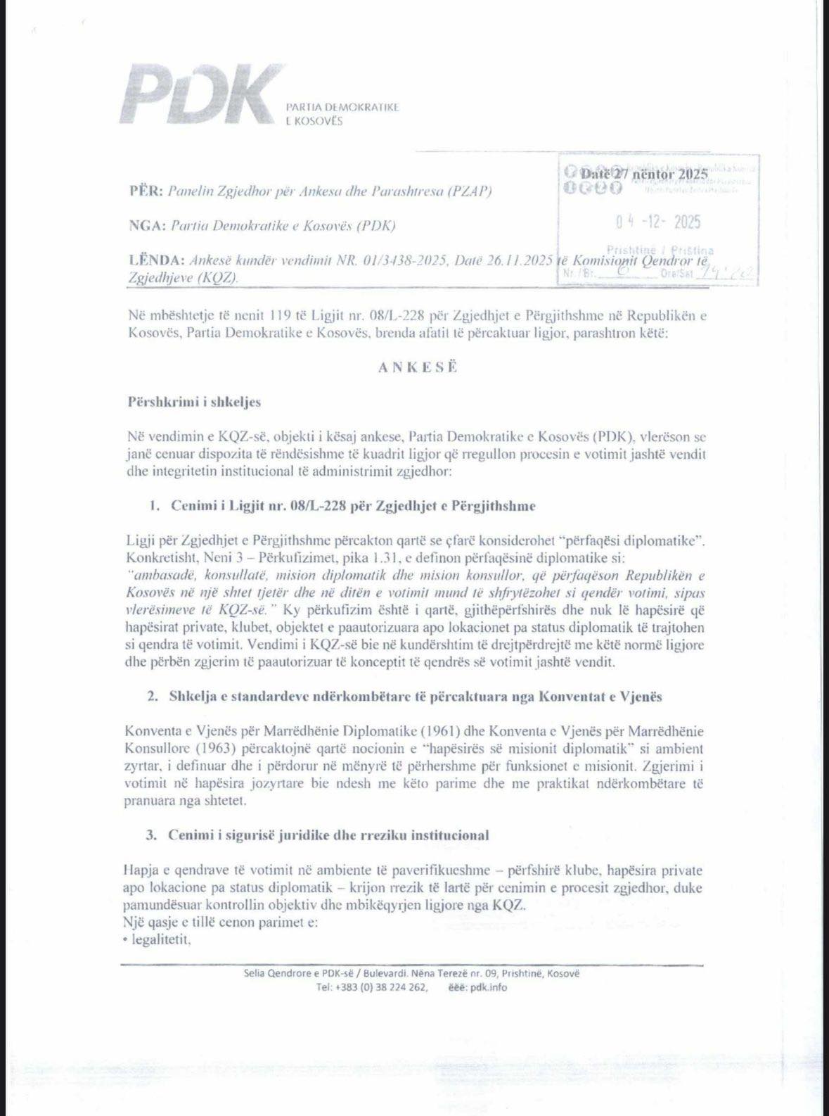 PDK ankohet te PZAP ja për vendimin e KQZ së për votimin jashtë vendit