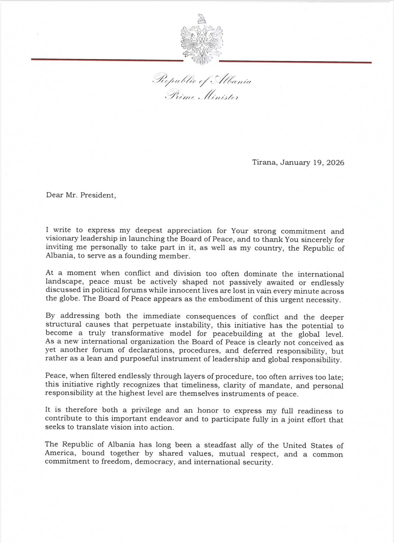  Është nder dhe privilegj   Edi Rama ia kthen Trumpit letrën për pjesëmarrje në Bordin e Paqes për Gazën