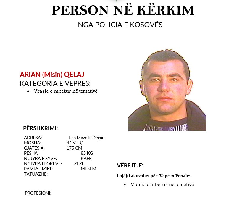 Policia kërkon ndihmë për arrestimin e tre personave nga Deçani të dyshuar për vrasje në tentativë