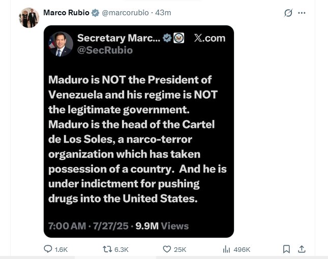 Sekretari Rubio  Maduro s është president  ai është kreu i organizatës narkoterroriste Los Soles dhe ka trafikuar drogë drejt SHBA së