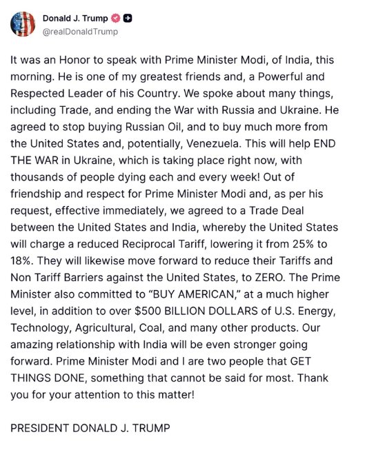 Trump thotë se SHBA të do të ulin tarifat ndaj Indisë pasi Modi pranon të ndalojë importet e naftës ruse