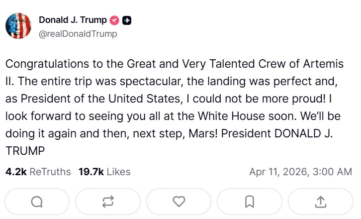 Trump përgëzon ekuipazhin e Artemis II  Mezi pres t ju takoj  hapi tjetër   Marsi